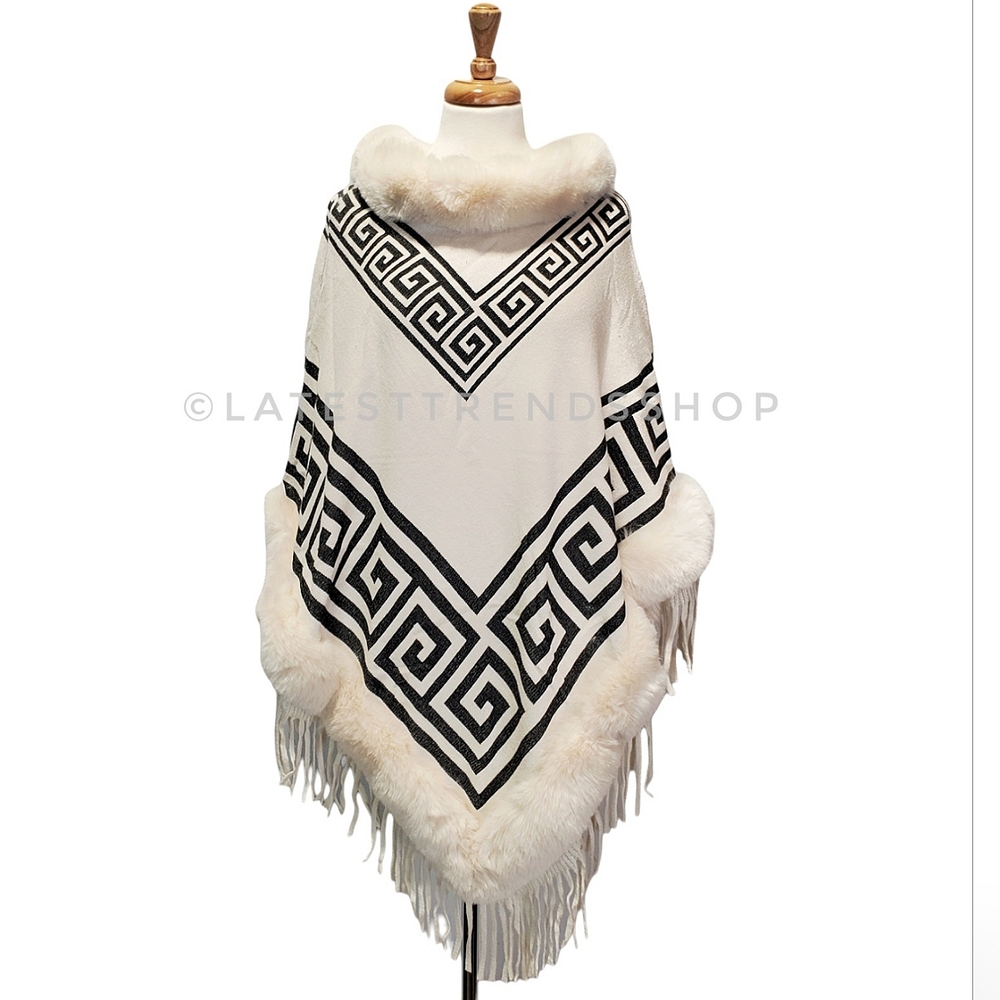 White Black Geometric Tribal Printed Faux Fur Poncho, Brand New
